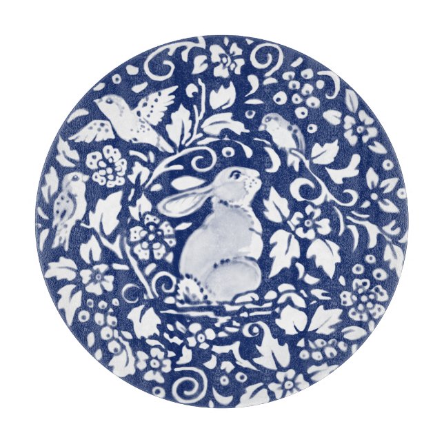 Cobalt Blue White Rabbit Bunny Bird Elegant Floral Cutting Board (Front)