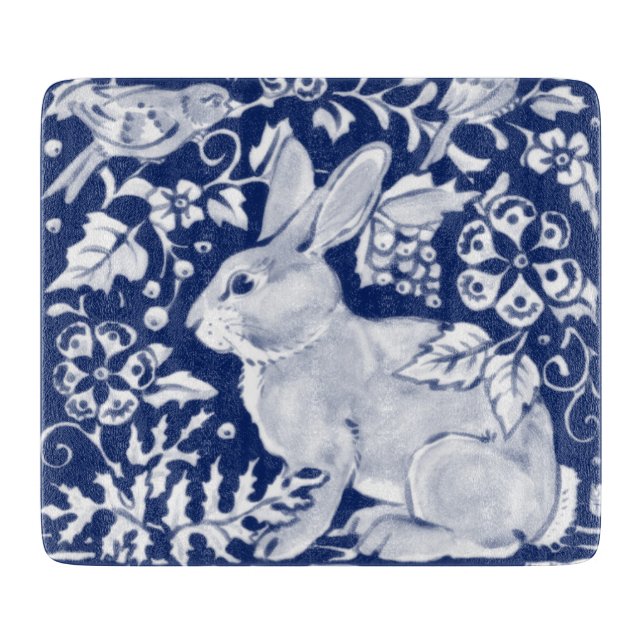 Cobalt Blue White Rabbit Bunny Delft Dedham Bird Cutting Board (Front)