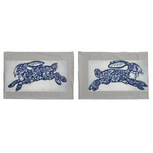 Cobalt Blue & White Rabbit Pillowcases Grey Marble