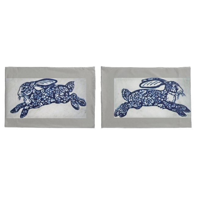 Cobalt Blue & White Rabbit Pillowcases Grey Marble (Back-Set)