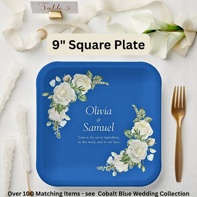 Cobalt Blue & White Roses  9" Square Paper Plate (Creator Uploaded)