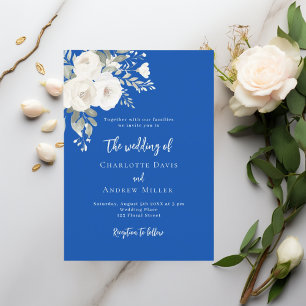 Cobalt blue white roses florals wedding invitation