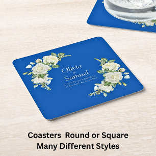 Cobalt Blue & White Roses   Square Paper Coaster