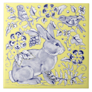 Cobalt Blue Yellow Rabbit Bird Woodland Floral Tile