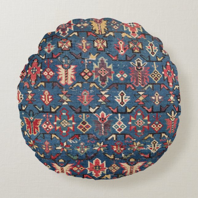 Cobalt Blue Yellow Red Aztec Butterfly  Round Cushion (Front)