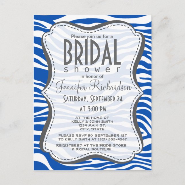 Cobalt Blue Zebra Stripes Animal Print Invitation Postcard (Front)