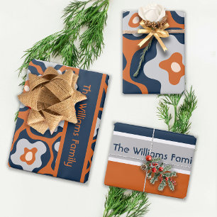 Cobalt Blues Rust Egg Flowers Custom Name Wrapping Paper Sheet