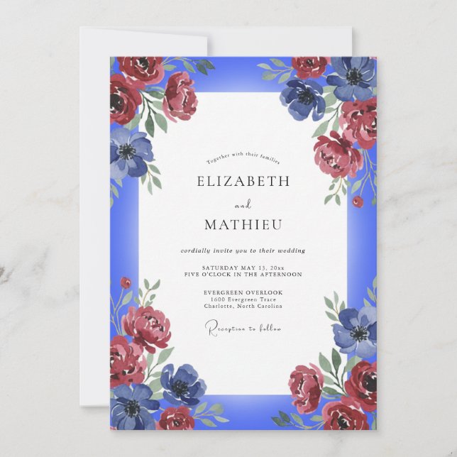 Cobalt Burgundy Rose Wedding Invitation (Front)