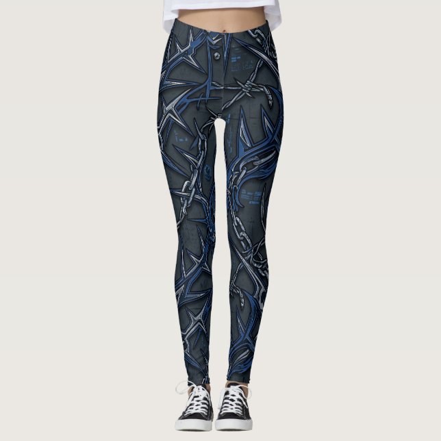 Cobalt Chains & Spikes: Cold Industrial  Leggings (Front)