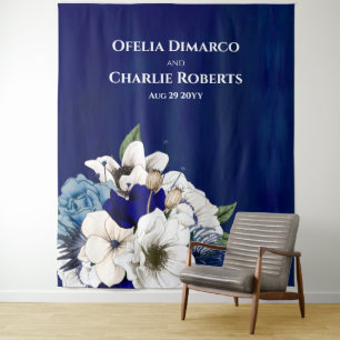 Cobalt Dusty Blue White Floral Photo Wall Backdrop Tapestry