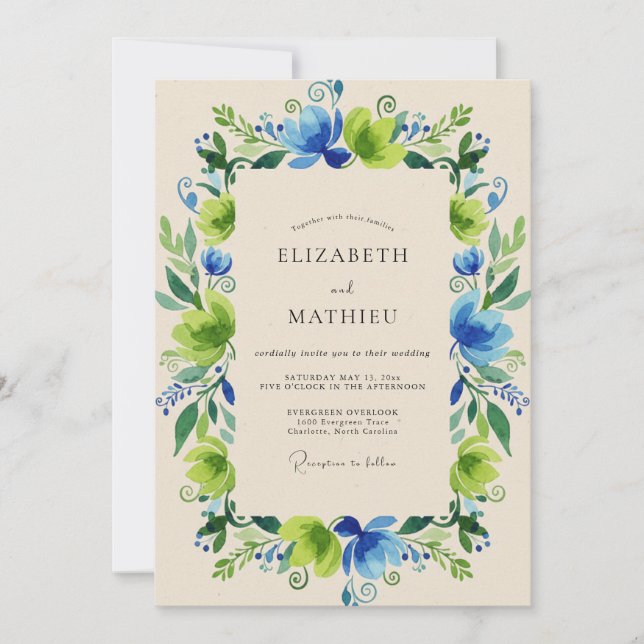 Cobalt Emerald Wreath Wedding Invitation (Front)