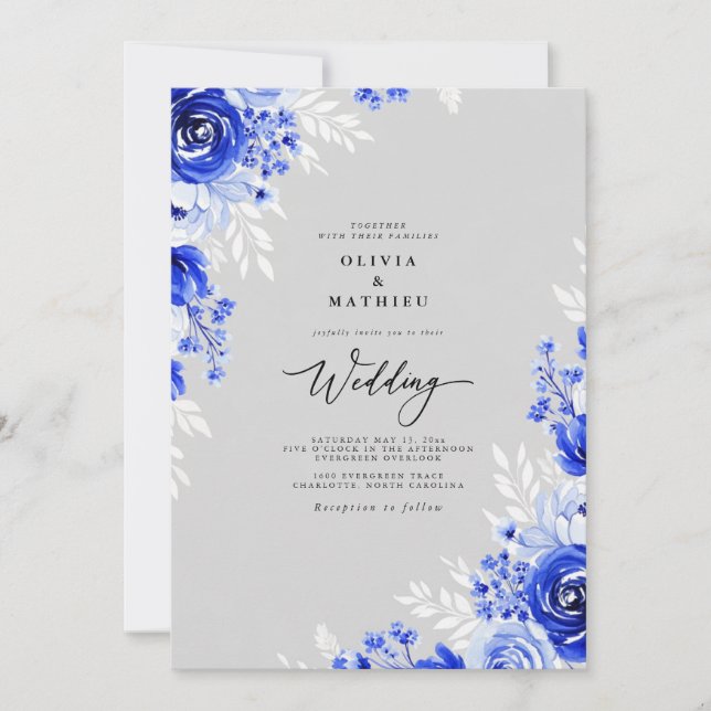 Cobalt Floral Romance Wedding Invitation (Front)