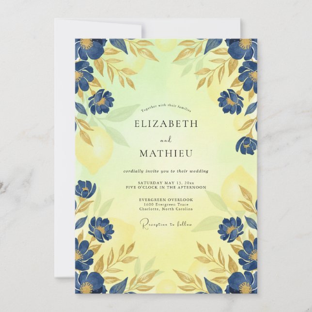 Cobalt Gold Leafy Wedding Invitation (Front)