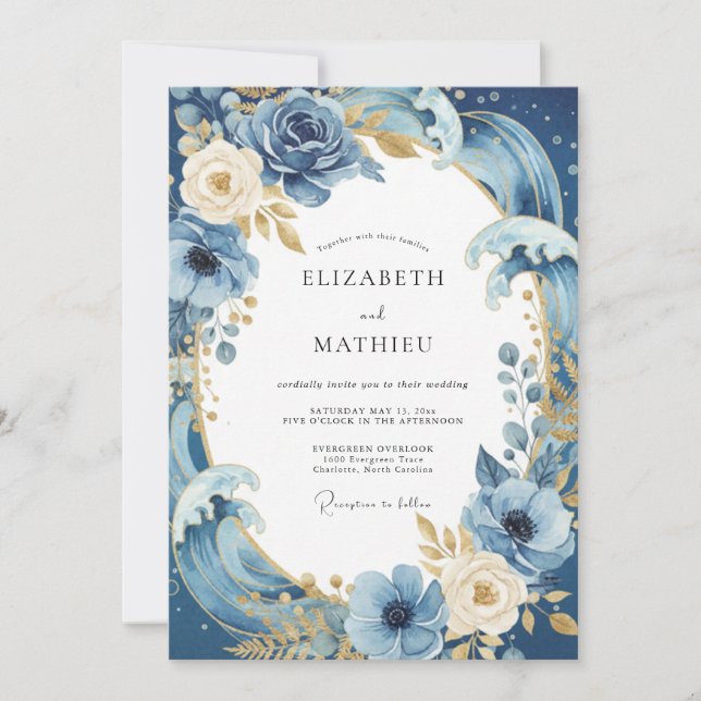 Cobalt Gold Petal Wedding Invitation (Front)