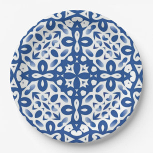 Cobalt Heritage Classic Blue and White Geometric Paper Plate