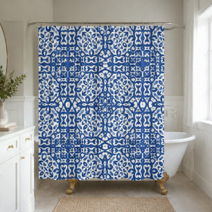 Cobalt Heritage Classic Blue and White Geometric Shower Curtain
