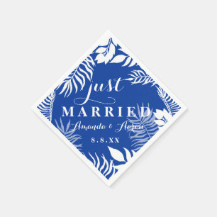 Cobalt Indigo Blue Palm White Floral Just Married Napkin