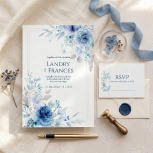 Cobalt Indigo Rose Romantic Botanical Frame Invitation