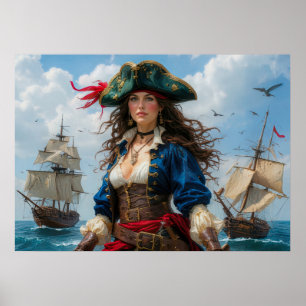 Cobalt Kate - High-Contrast Female Pirate Captain Poster