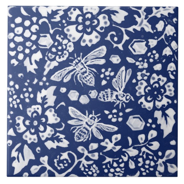 Cobalt Navy Blue Cobalt Bee Beehive Floral Animal Tile (Front)