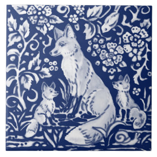 Cobalt Navy Blue Cobalt Fox Family Floral Animal  Tile