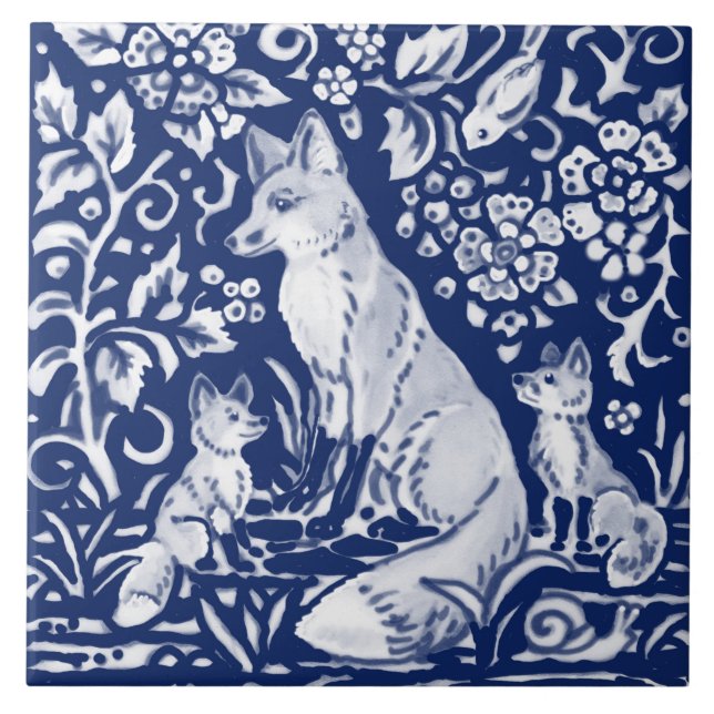 Cobalt Navy Blue Cobalt Fox Family Floral Animal  Tile (Front)