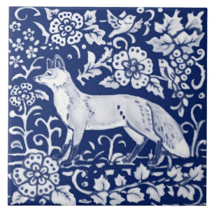 Cobalt Navy Blue Cobalt Fox Woodland Floral Morris Tile