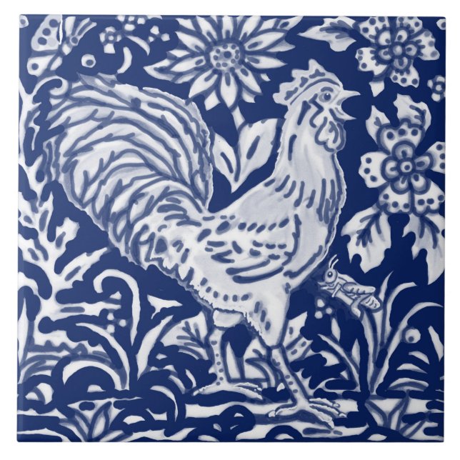 Cobalt Navy Blue Cobalt Rooster Chicken Floral Tile (Front)