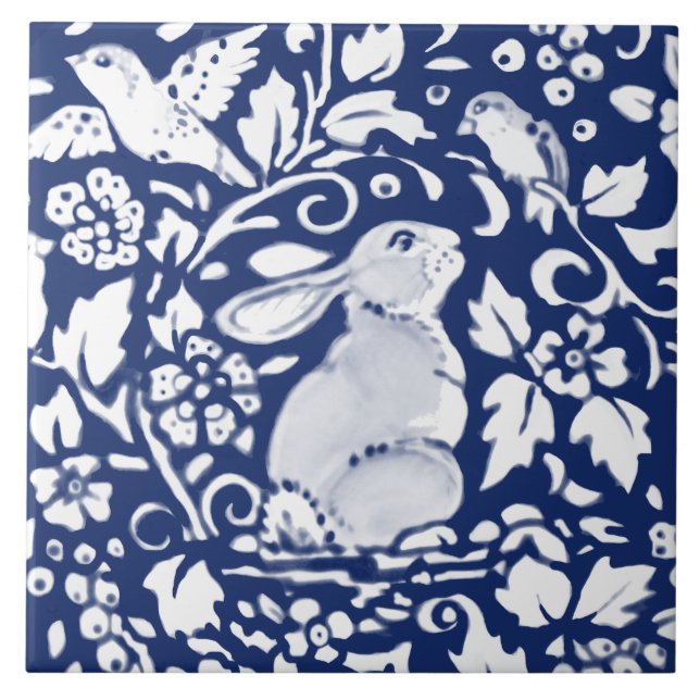 Cobalt Navy Blue Rabbit Bird Dedham Delft Morris C Tile (Front)
