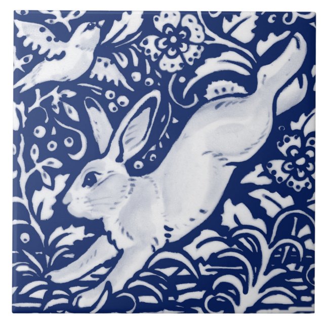 Cobalt Navy Blue Rabbit Bird Dedham Delft Morris  Tile (Front)