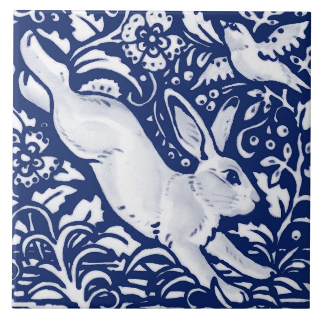 Cobalt Navy Blue Rabbit Bird Dedham Faces Right  Tile (Front)