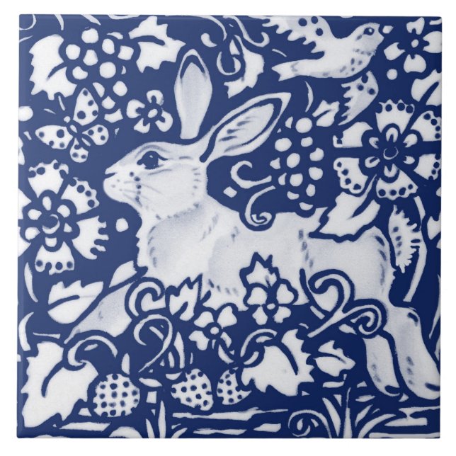 Cobalt Navy Blue Rabbit Bunny Dedham Delft Morris  Tile (Front)