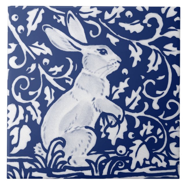 Cobalt Navy Blue Rabbit Bunny Dedham Delft Morris  Tile (Front)