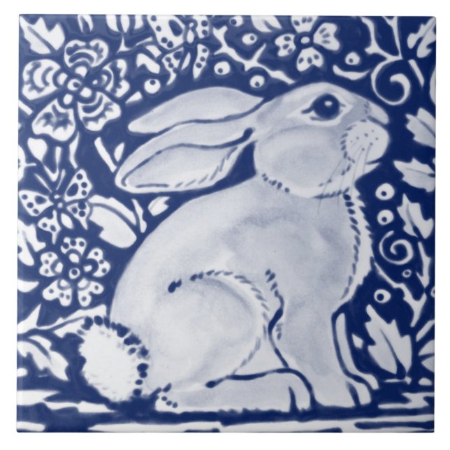 Cobalt Navy Blue Rabbit Chinoiserie Dedham Delft Tile (Front)
