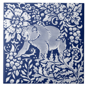 Cobalt Navy Blue Woodland Animal Bear Forest Tile