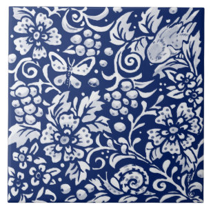 Cobalt Navy Blue Woodland Animal Bird Snail Insect Tile