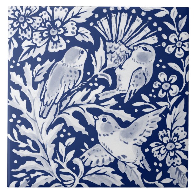 Cobalt Navy Blue Woodland Animal Birds on Thistle  Tile (Front)
