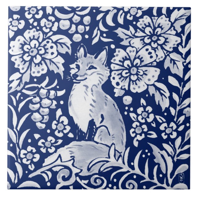 Cobalt Navy Blue Woodland Animal Cute Fox Fern Tile (Front)