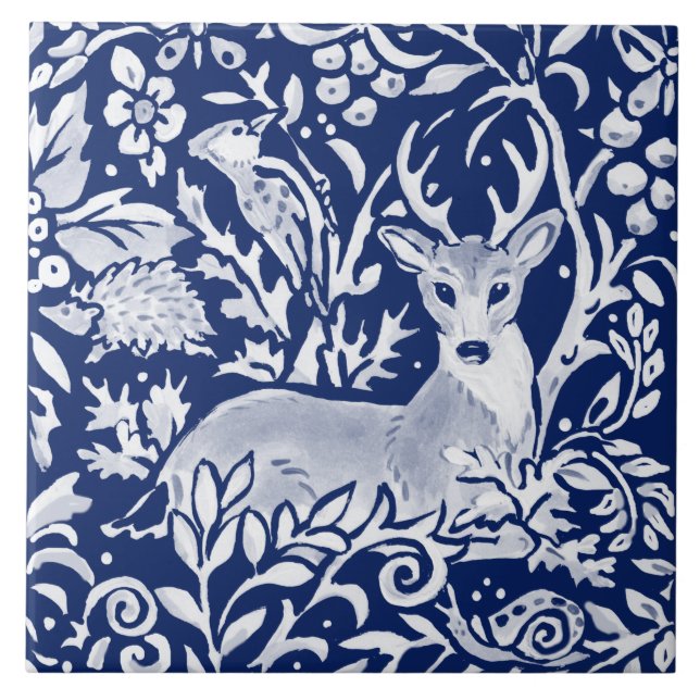 Cobalt Navy Blue Woodland Animal Deer Foliage Tile (Front)