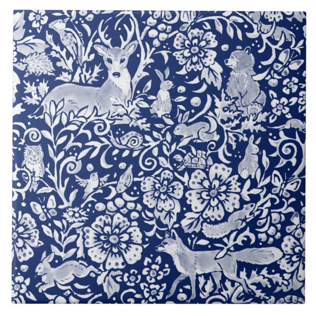 Cobalt Navy Blue Woodland Animal Fox Rabbit Deer  Tile (Front)