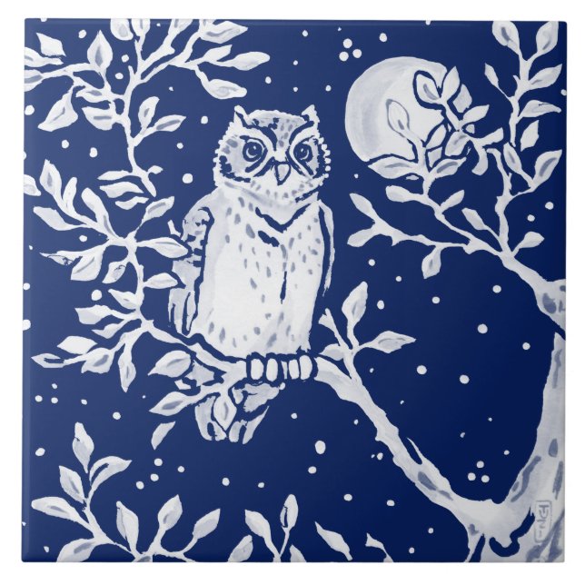 Cobalt Navy Blue Woodland Animal Owl Night Moon Tile (Front)