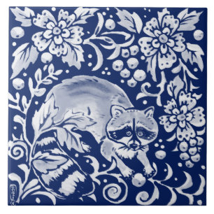 Cobalt Navy Blue Woodland Animal Racoon Fruit Tile