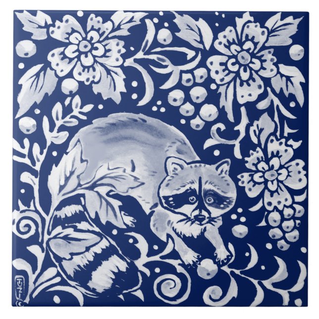 Cobalt Navy Blue Woodland Animal Racoon Fruit Tile (Front)