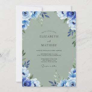 Cobalt Olive Hydrangea Eucalyptus Wedding Invitation