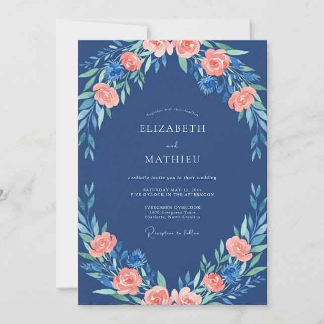 Cobalt Peach Peony Wedding Invitation (Front)