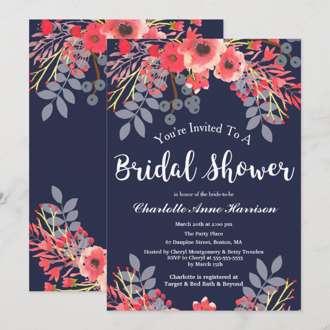 Cobalt & Pink Watercolor Flowers Bridal Shower Invitation (Front/Back)