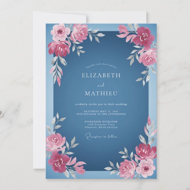Cobalt Pink Watercolor Wedding Invitation (Front)