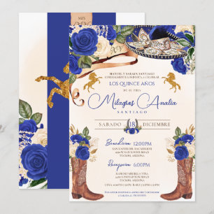 Cobalt Royal Blue Roses Western Charro Quinceañera Invitation