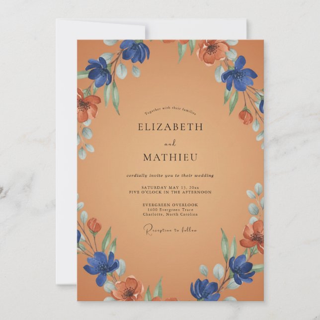 Cobalt Rust Wildflower Wedding Invitation (Front)