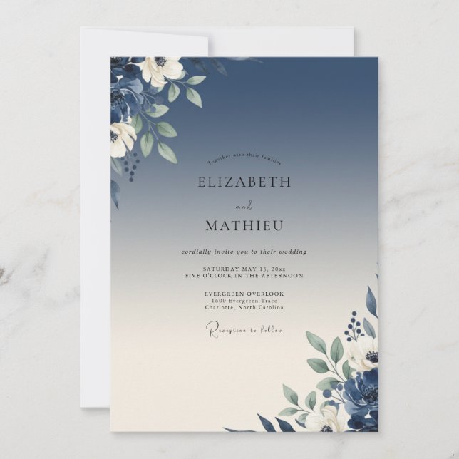 Cobalt Sage Leafy Wedding Invitation (Front)